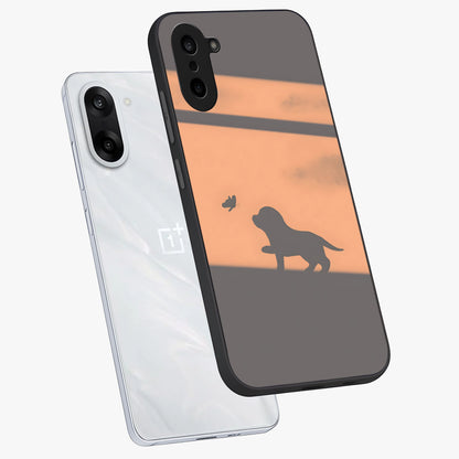 Puppy Shadow Art Glass Case for 1+Nord Ce 5 angled mockup showcasing glossy finish and soft shadow detailing