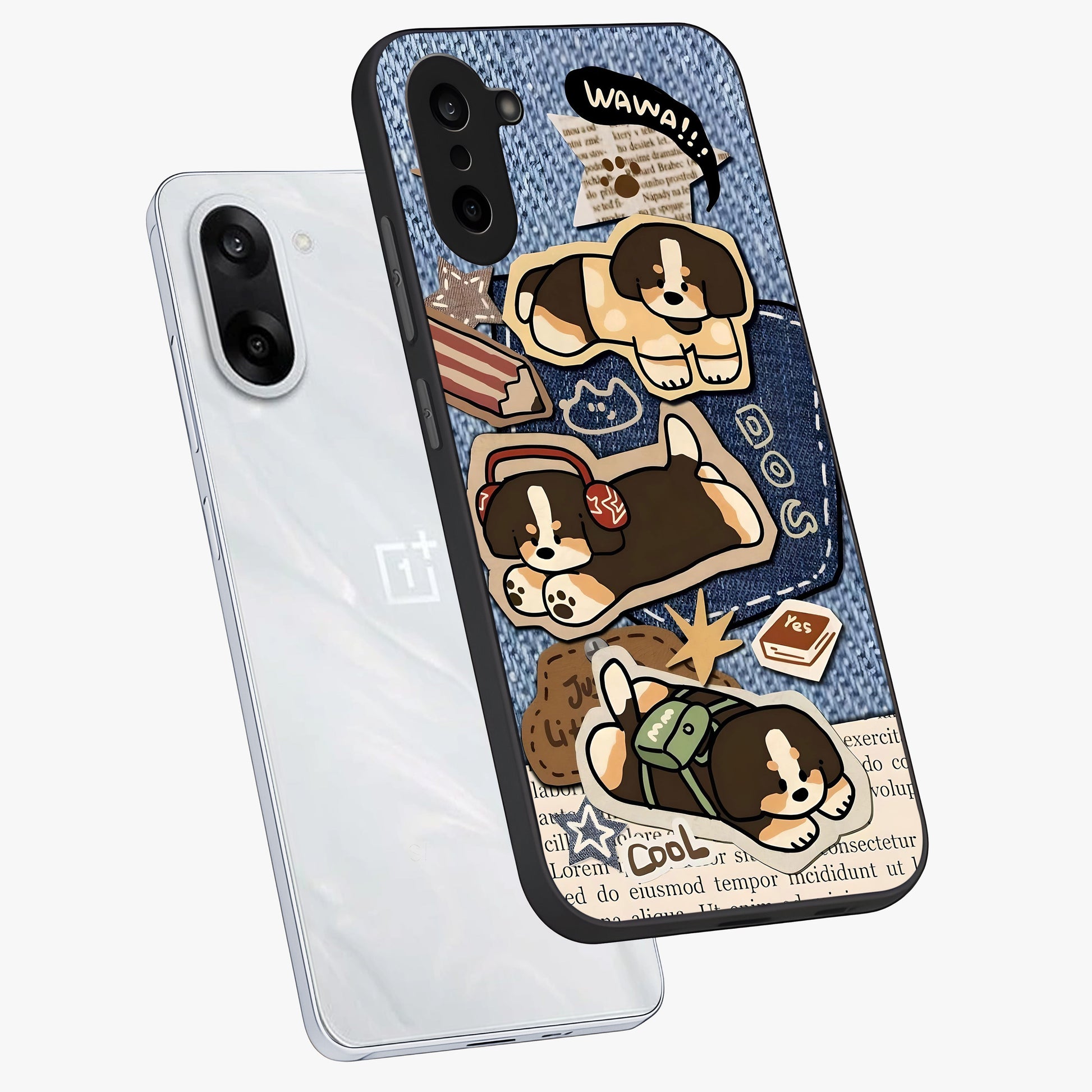 Puppy Sticker Parade Glass Case for 1+Nord CE 5 angled mockup showcasing glossy finish and colorful cartoon detailing