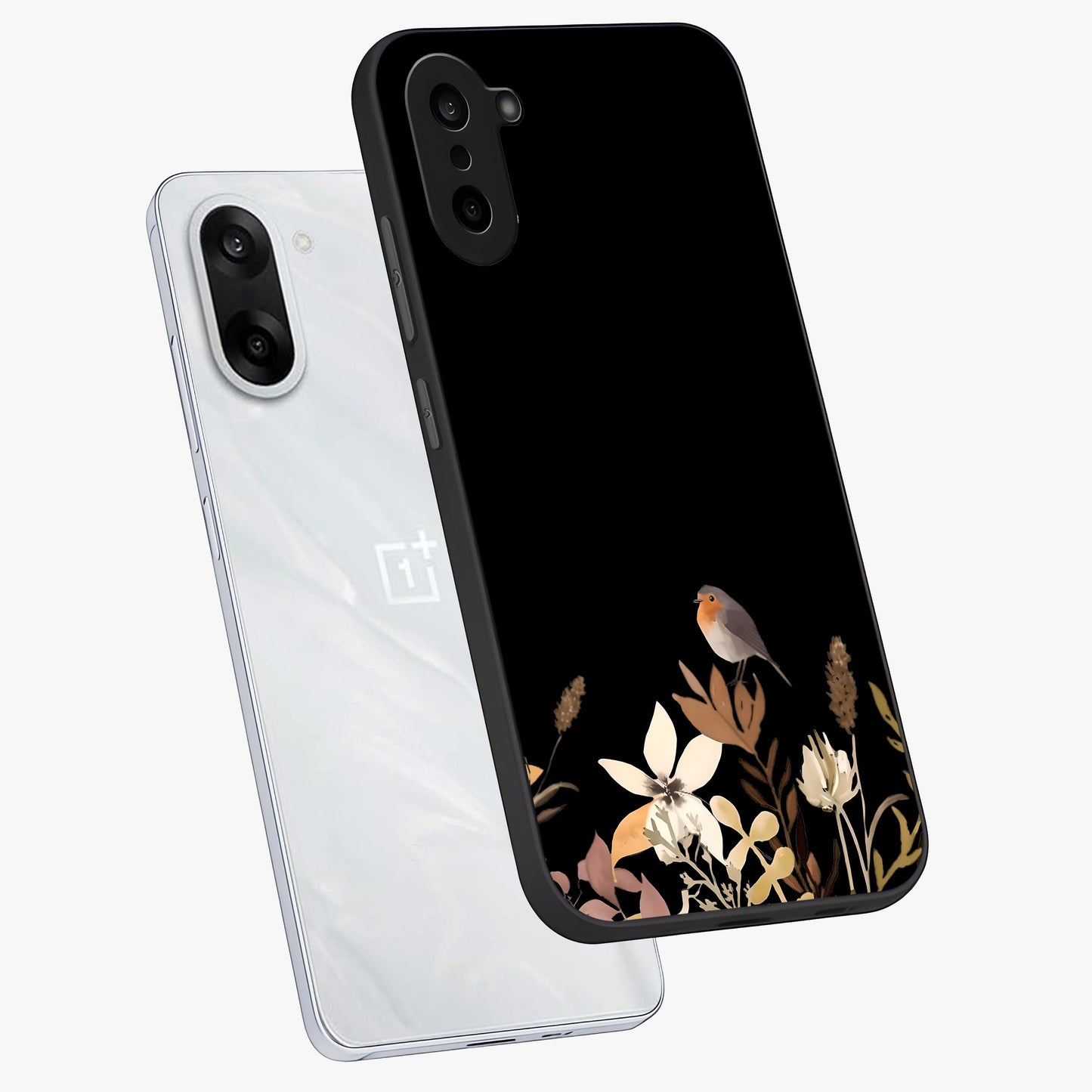 Quiet Garden Tune Glass Case for 1+Nord CE 5 angled mockup showcasing glossy finish and soft pastel tones
