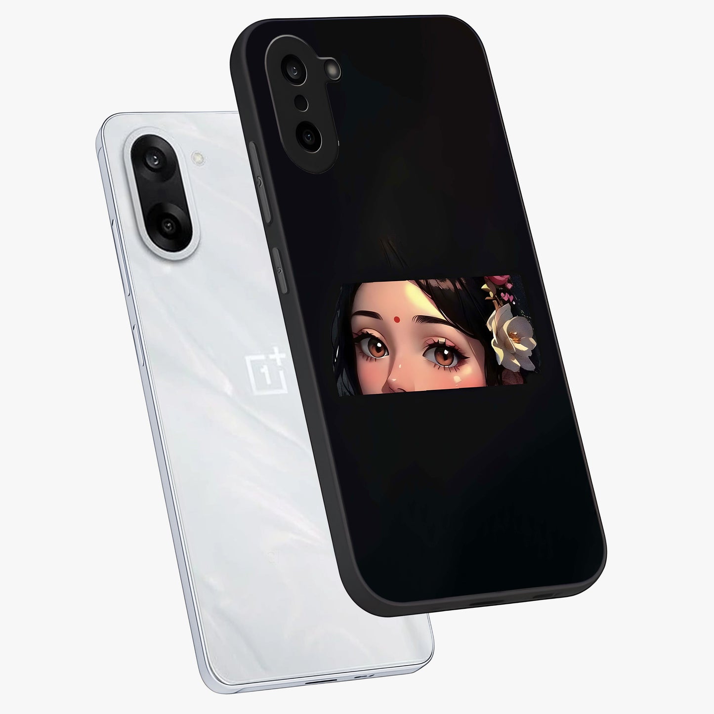 Radha Divine Embrace Glass Case for 1+Nord CE 5 angled mockup showcasing glossy glass finish and vibrant spiritual tones
