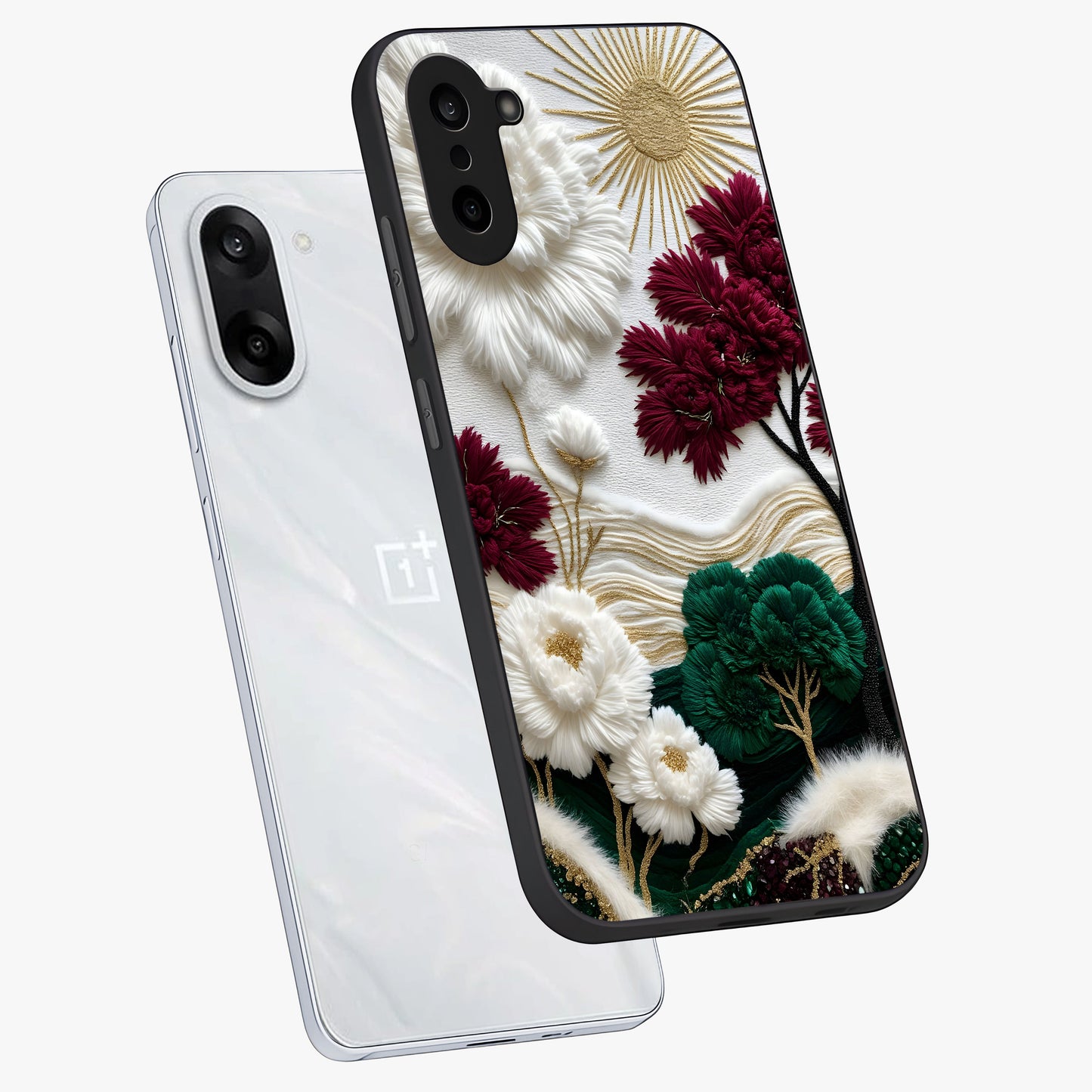 Radiant Bloom Elegance Glass Case for 1+Nord Ce 5 angled mockup showcasing glossy finish and refined bloom detailing