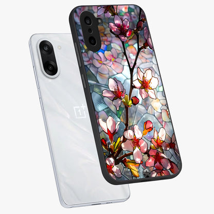 Radiant Bloom Glow Glass Case for 1+Nord Ce 5 angled mockup showcasing glossy finish and luminous detailing