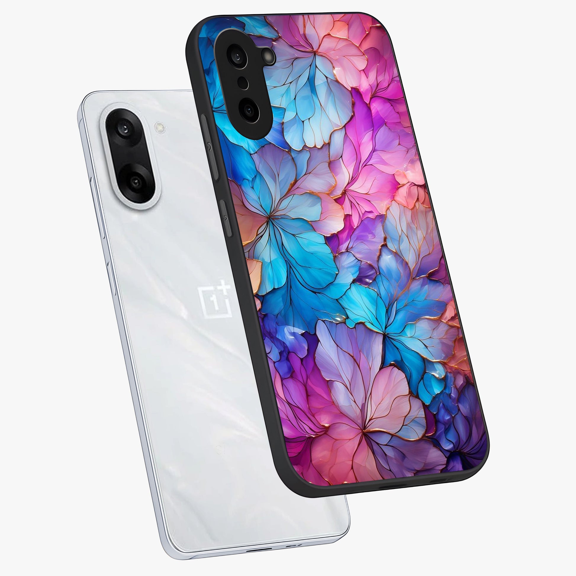 Radiant Floral Whirl Glass Case for 1+Nord CE 5 angled mockup showcasing glossy finish and dynamic bloom tones