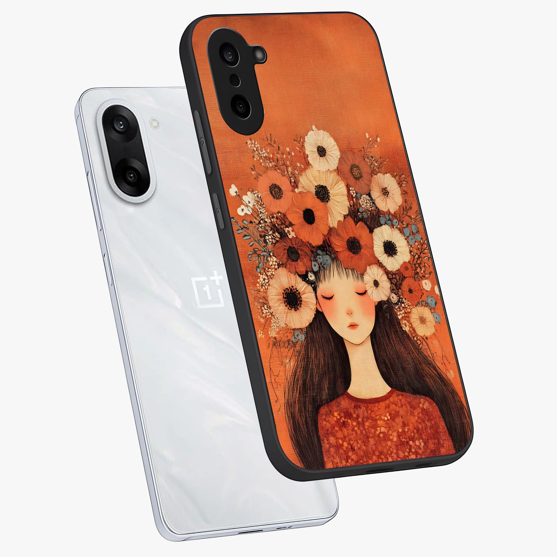 Radiant Flower Thoughts Glass Case for 1+Nord Ce 5 angled mockup showcasing glossy finish and pastel bloom detailing