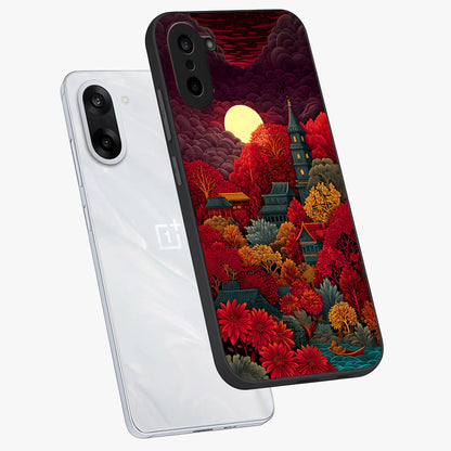 Red Scenery Hot Glass Case for 1+Nord CE 5 angled mockup showcasing glossy finish and intense sunset tones
