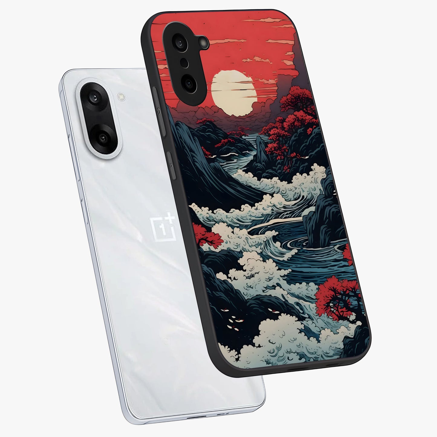 Red Sunset Scenery Glass Case for 1+Nord CE 5 angled mockup showcasing glossy finish and rich crimson tones