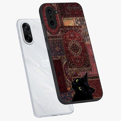 Regal Magic Cat Apple Glass Case for 1+Nord Ce 5 angled mockup showcasing glossy finish and vibrant illustration detailing