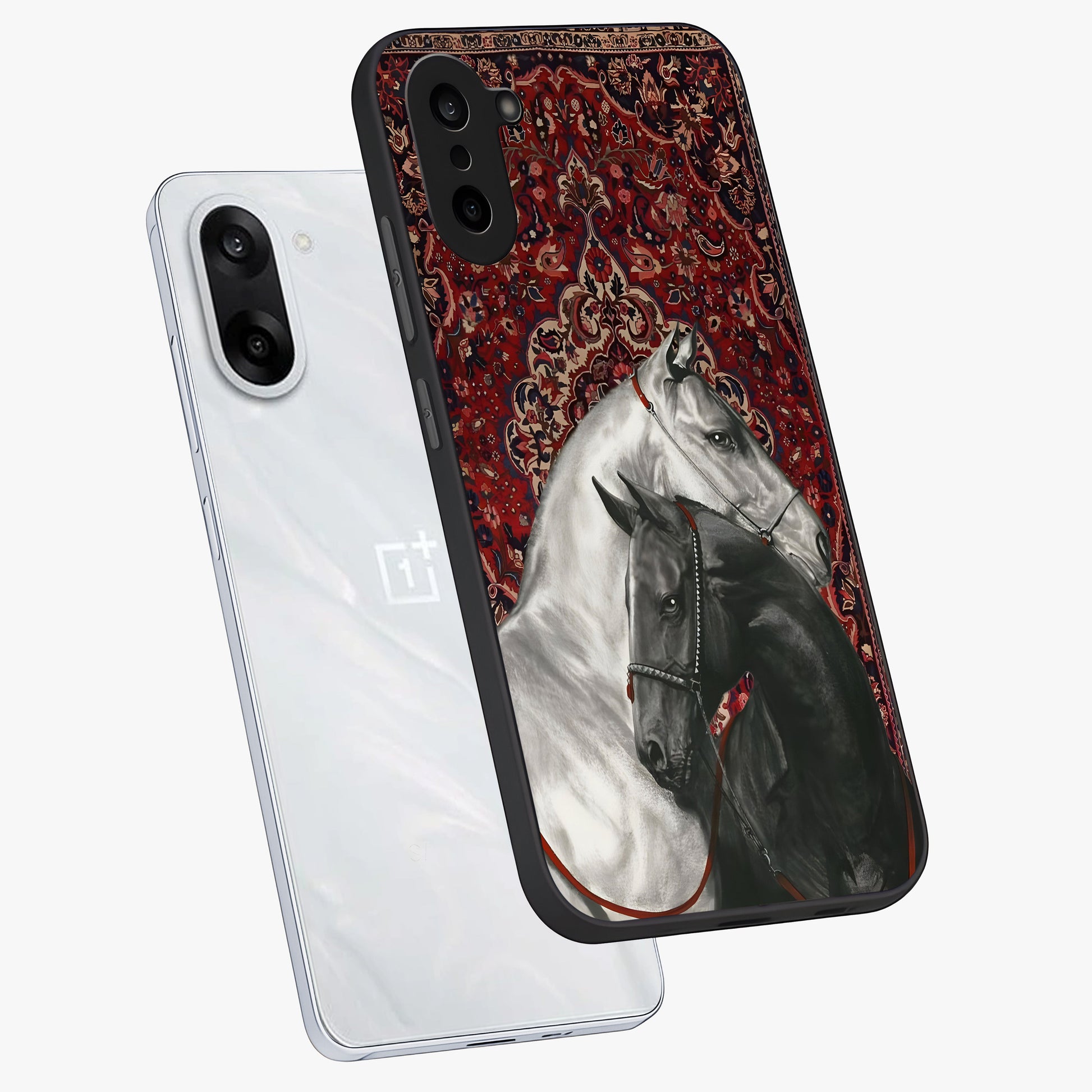 Regal Stallion Tapestry Glass Case for 1+Nord CE 5 angled mockup showcasing glossy finish and rich ornamental tones