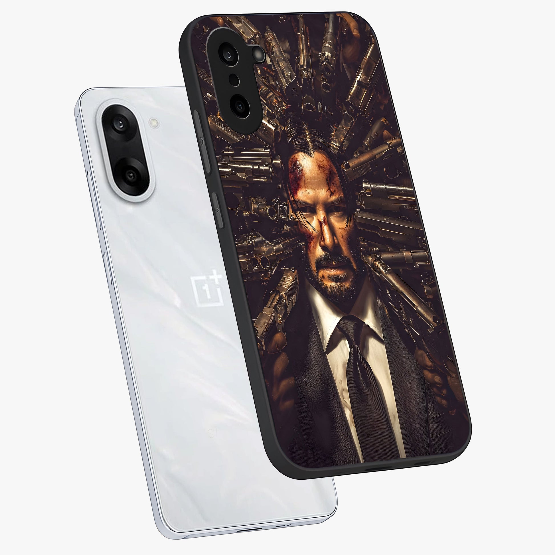 Relentless Shadow Assassin Glass Case for 1+Nord CE 5 angled mockup showcasing glossy finish and dramatic shadow detailing