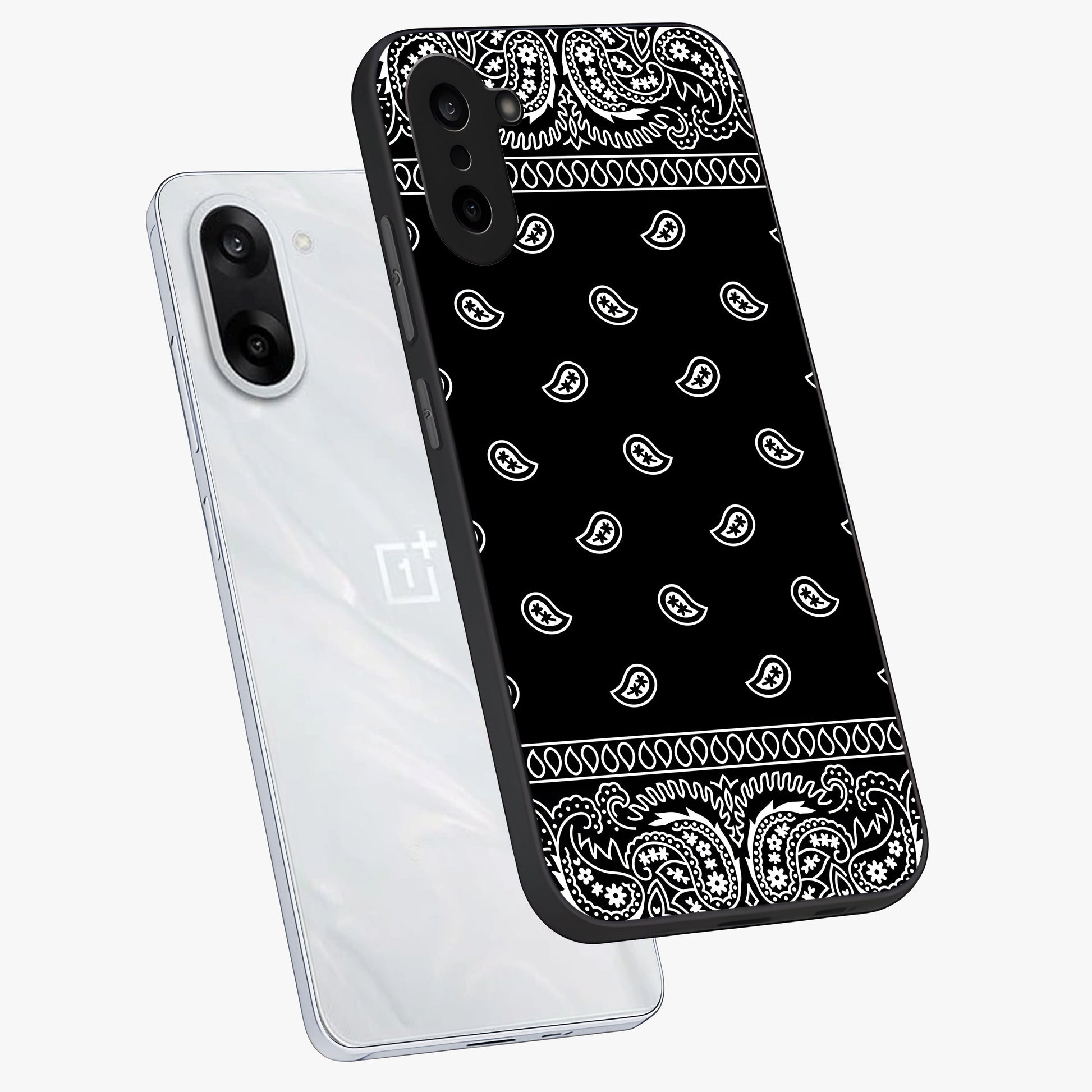 Retro Rebel Threads Glass Case for 1+Nord Ce 5 angled mockup showcasing glossy finish and classic retro tones