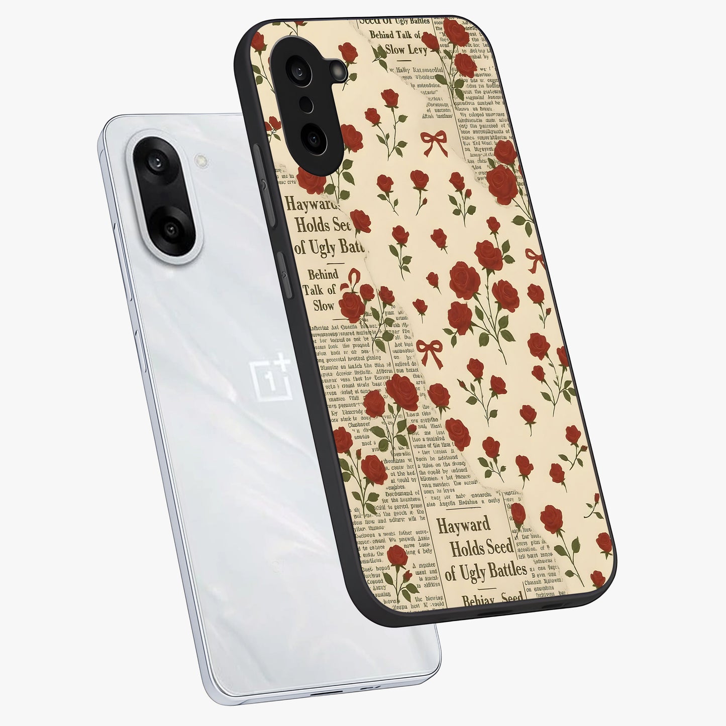 Retro Rose Journal Glass Case for 1+Nord Ce 5 angled mockup showcasing glossy finish and soft romantic tones