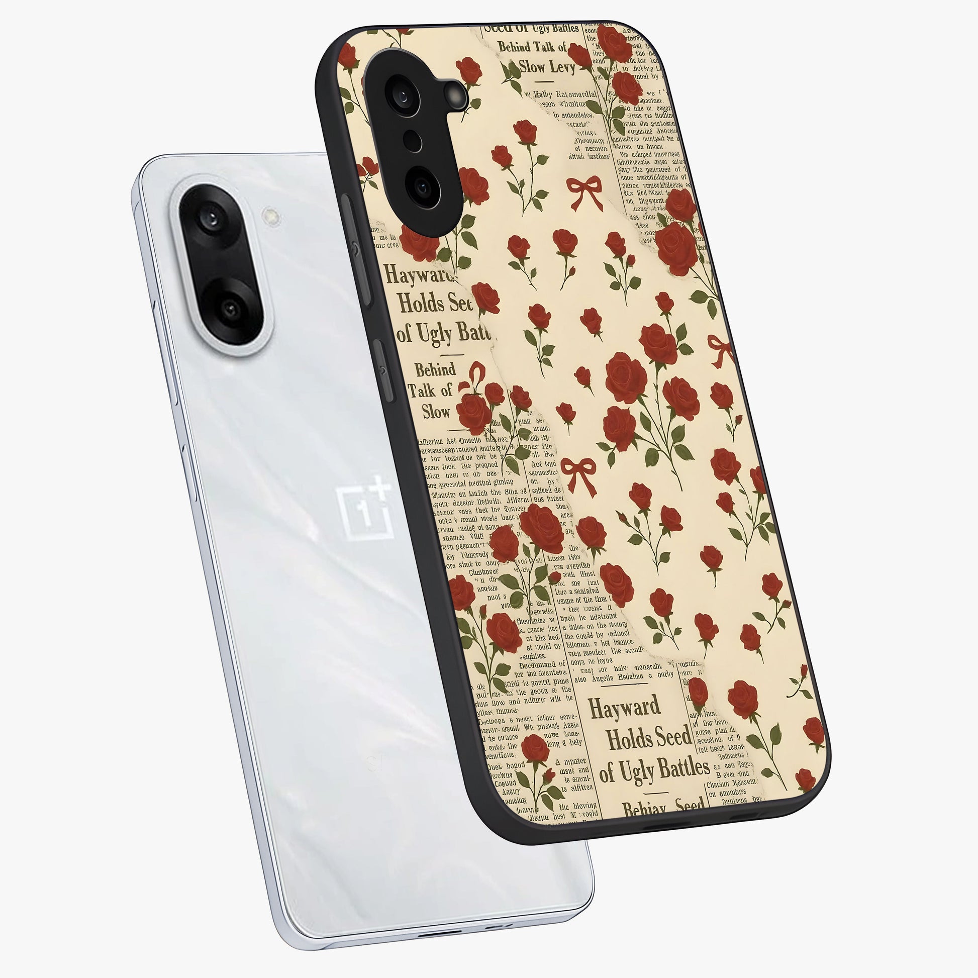 Retro Rose Journal Glass Case for 1+Nord Ce 5 angled mockup showcasing glossy finish and soft romantic tones