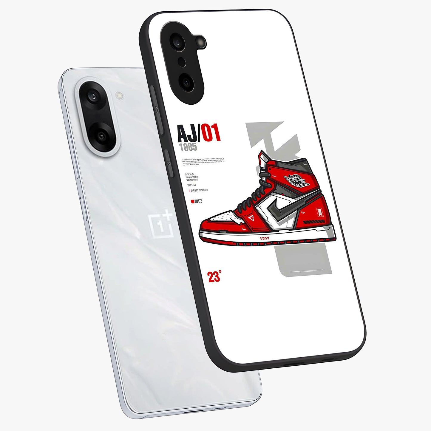 Retro Sneaker Blueprint Glass Case for 1+Nord CE 5 angled mockup showcasing glossy finish and sporty retro detailing