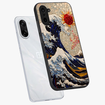 Rising Wave Glory Glass Case for 1+Nord CE 5 angled mockup showcasing glossy finish and bold ocean tones