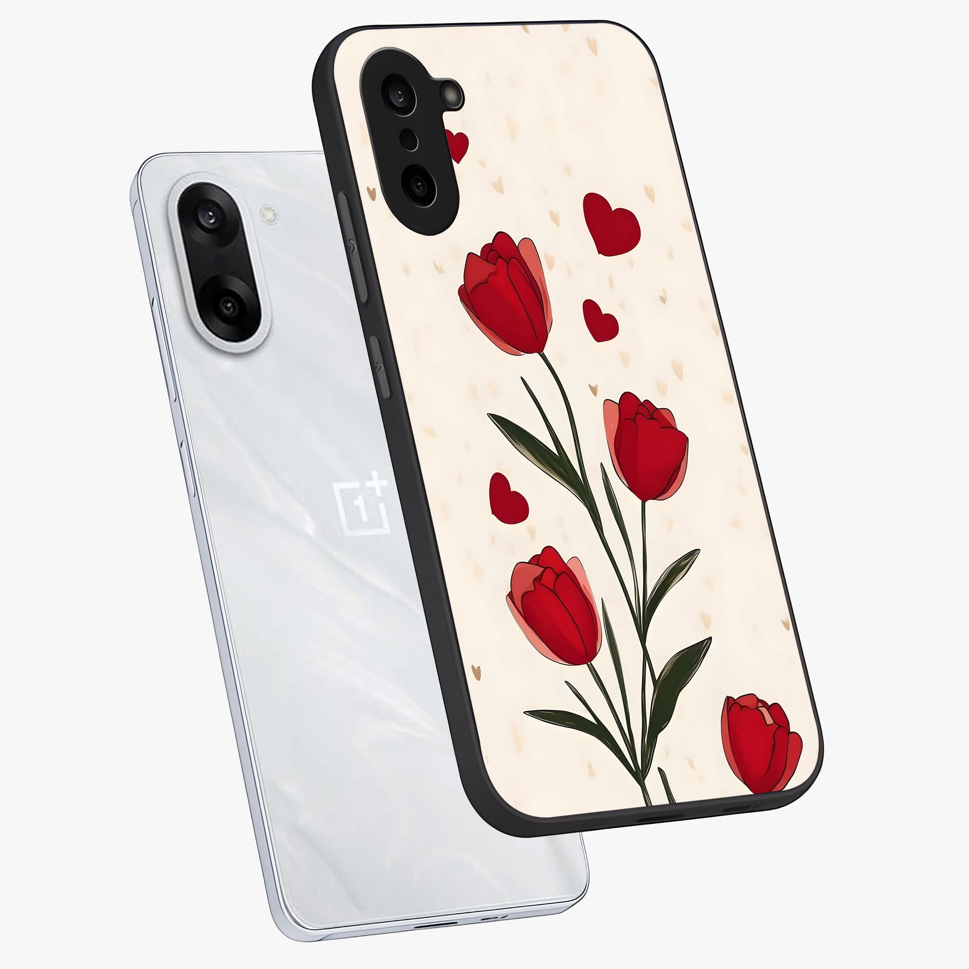 Romantic Tulip Hearts Glass Case for 1+Nord CE 5 angled mockup showcasing glossy glass finish and soft romantic tones