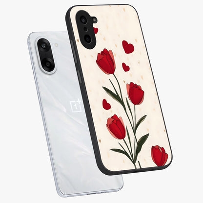 Romantic Tulip Hearts Glass Case for 1+Nord CE 5 angled mockup showcasing glossy glass finish and soft romantic tones
