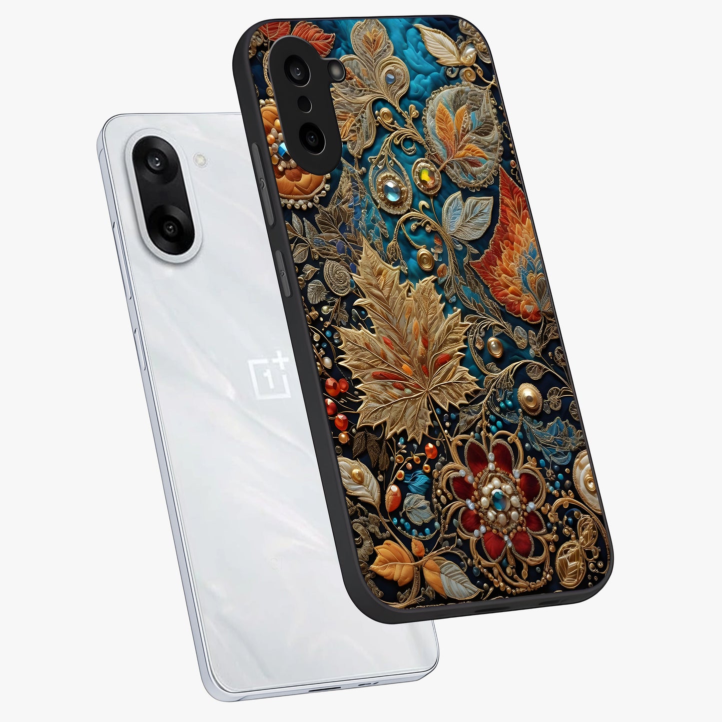 Royal Jewel Garden Glass Case for 1+Nord Ce 5 angled mockup showcasing glossy finish and rich vibrant tones