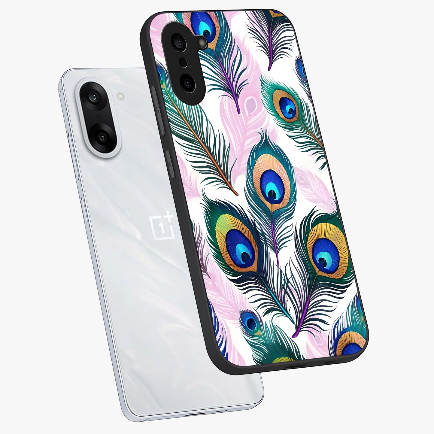 Royal Peacock Feathers Glass Case for 1+Nord CE 5 angled mockup showcasing glossy finish and rich blue green tones