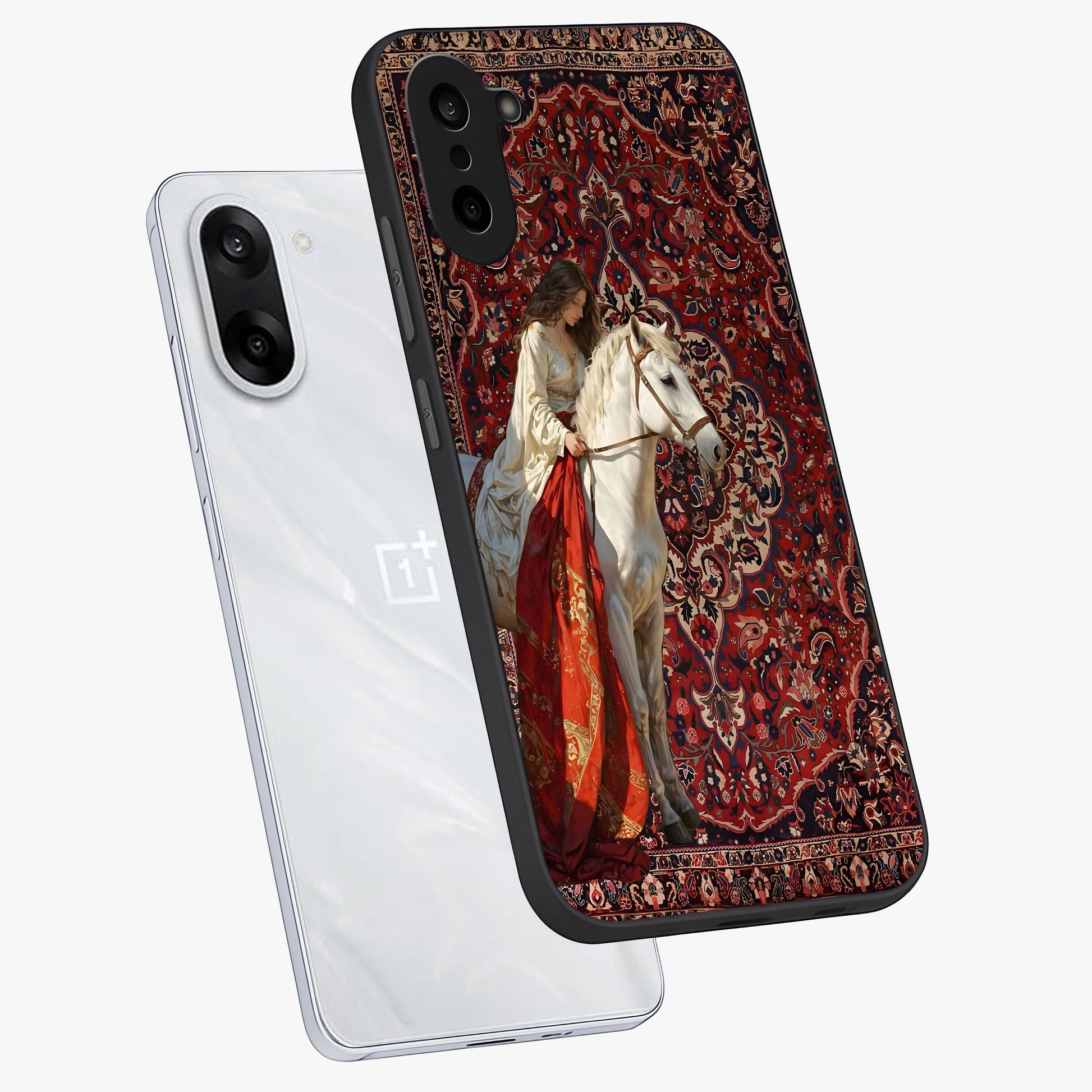 Royal Rider Tapestry Glass Case for 1+Nord CE 5 angled mockup showcasing glossy finish and heritage inspired detailing