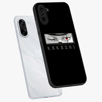 Scarlet Ninja Gaze Glass Case for 1+Nord CE 5 angled mockup showcasing glossy finish and sharp warrior detailing