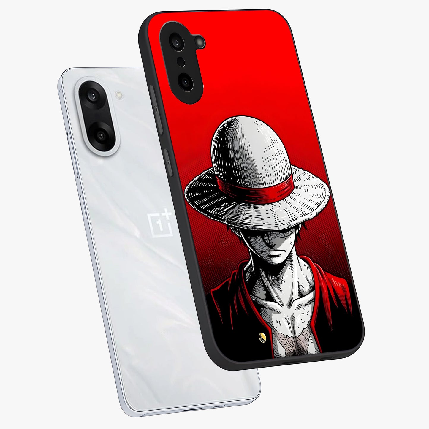 Scarlet Pirate Resolve Glass Case for 1+Nord Ce 5 angled mockup showcasing glossy finish and dramatic adventurous tones