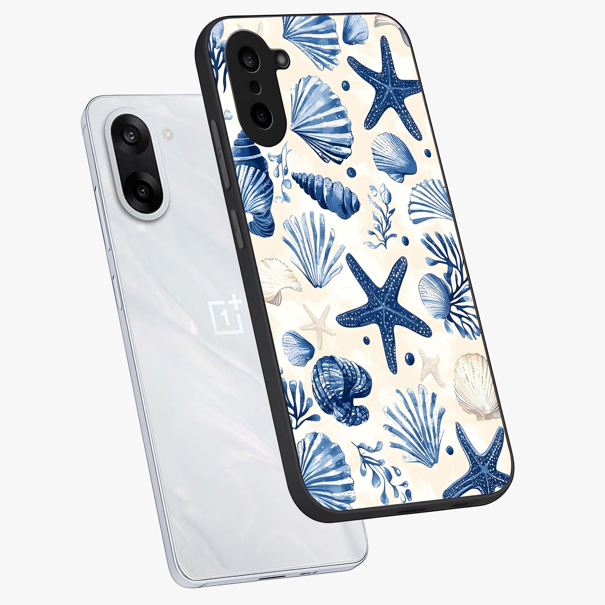 Seaside Starfish Magic Glass Case for 1+Nord Ce 5 angled mockup showcasing glossy finish and coastal pastel detailing