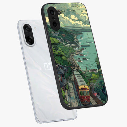 Seaside Train Ride Glass Case for 1+Nord Ce 5 angled mockup showcasing glossy finish and calming ocean gradients