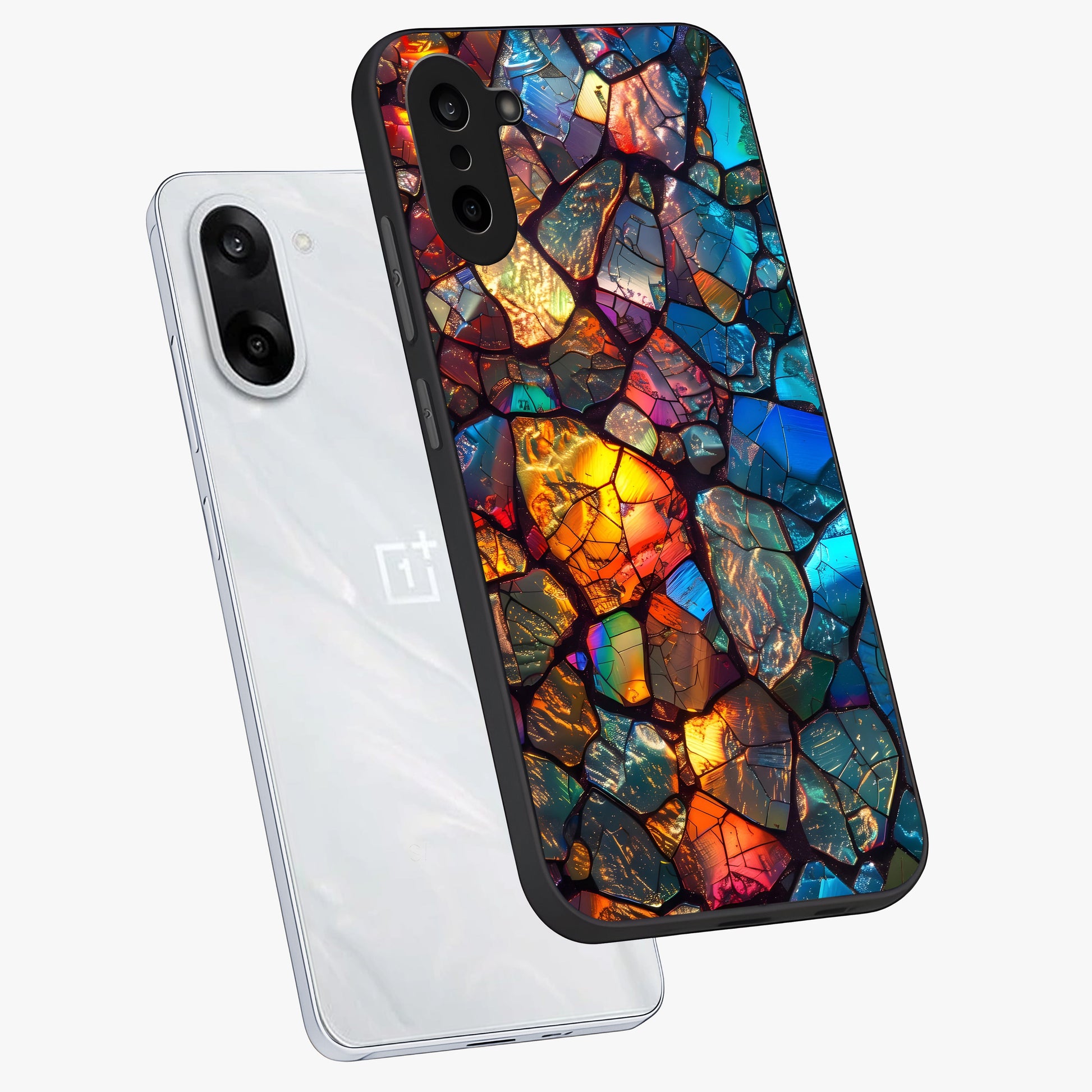 Shattered Light Glass Case for 1+Nord Ce 5 angled mockup showcasing glossy finish and high contrast detailing