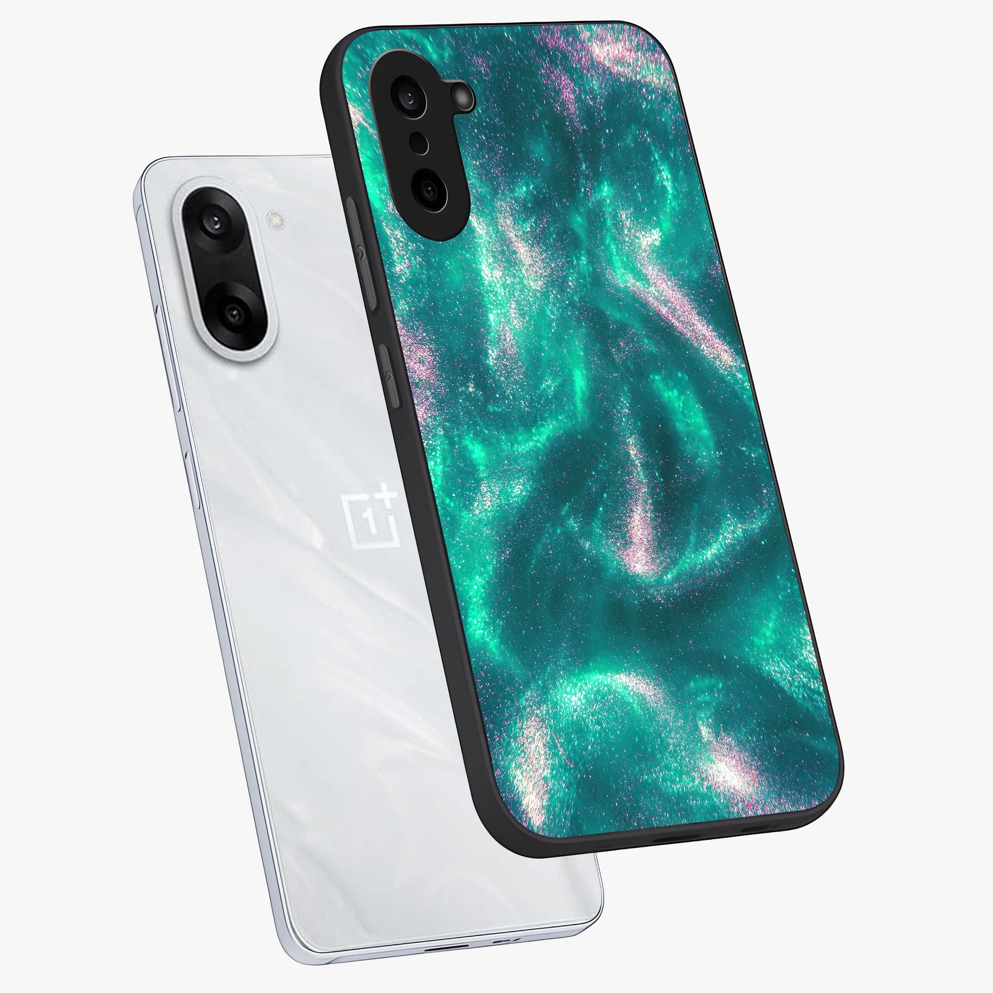 Shimmering Nebula Waves Glass Case for 1+Nord CE 5 angled mockup showcasing glossy finish and deep space gradients