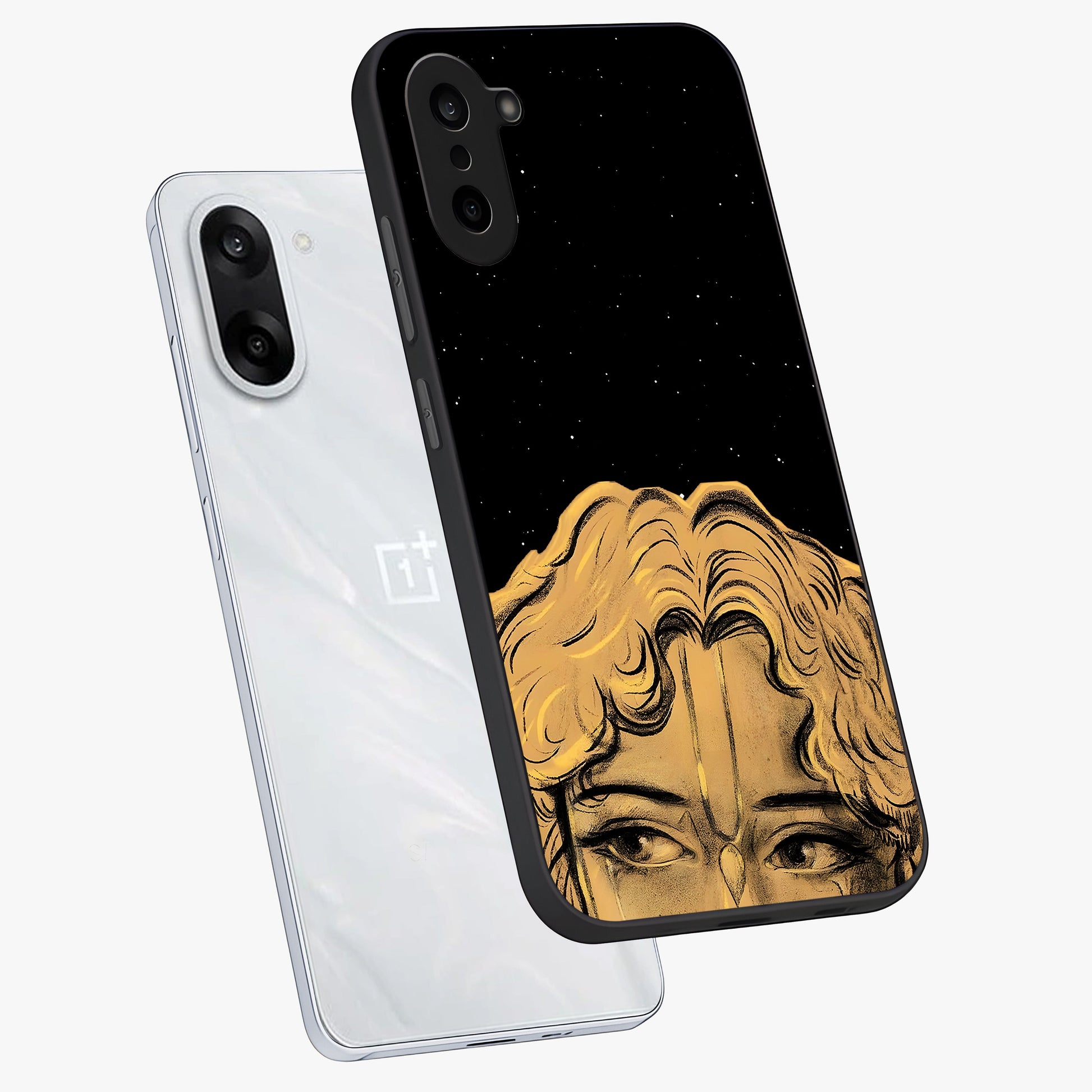 Shri Krishna Art Glass Case for 1+Nord CE 5 angled mockup showcasing glossy finish and vibrant spiritual tones
