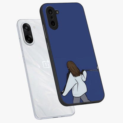 Silent Distance Love Glass Case for 1+Nord CE 5 angled mockup showcasing glossy glass finish and subtle aesthetic detailing