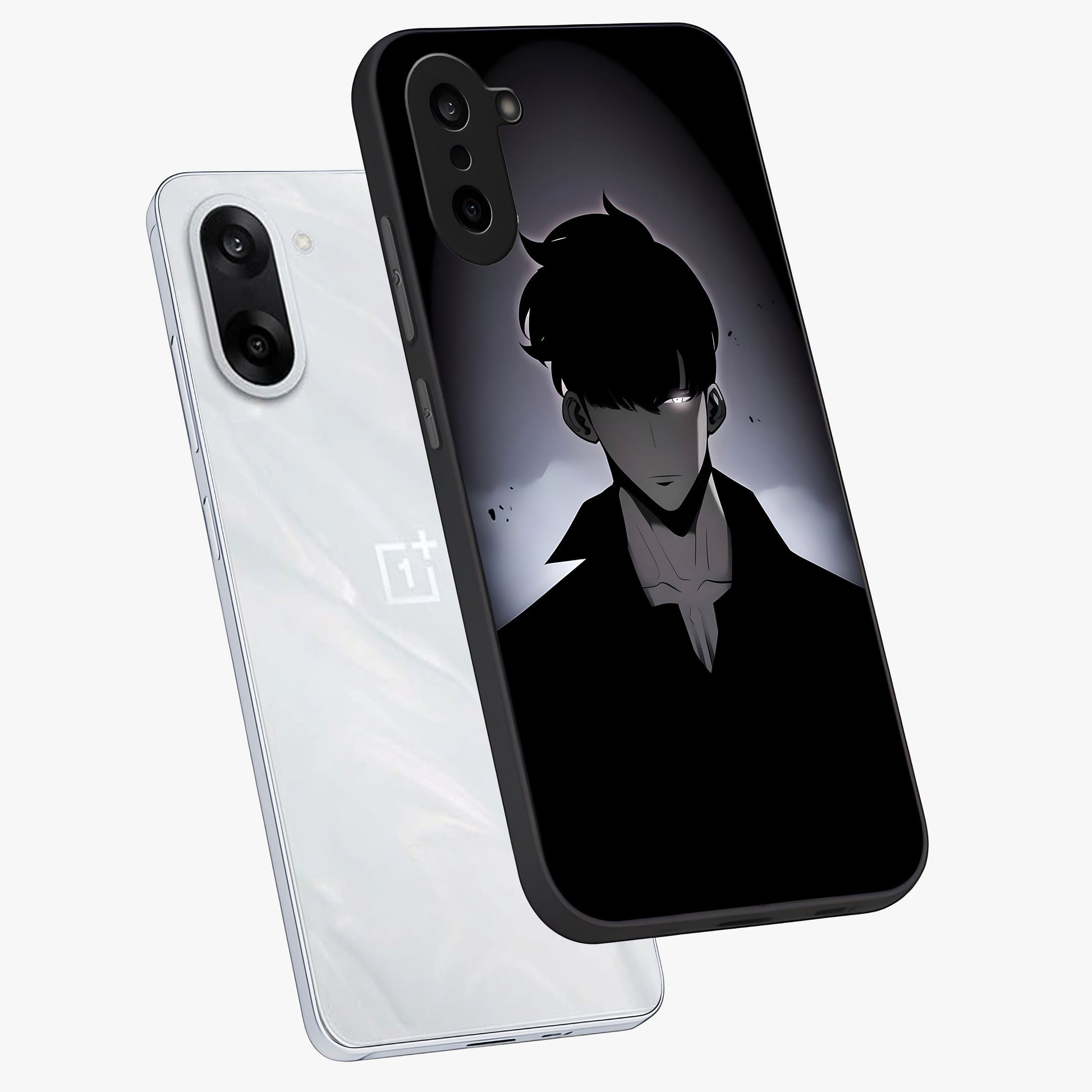 Silent Shadow Awakening Glass Case for 1+Nord Ce 5 angled mockup showcasing glossy finish and dramatic shadow detailing