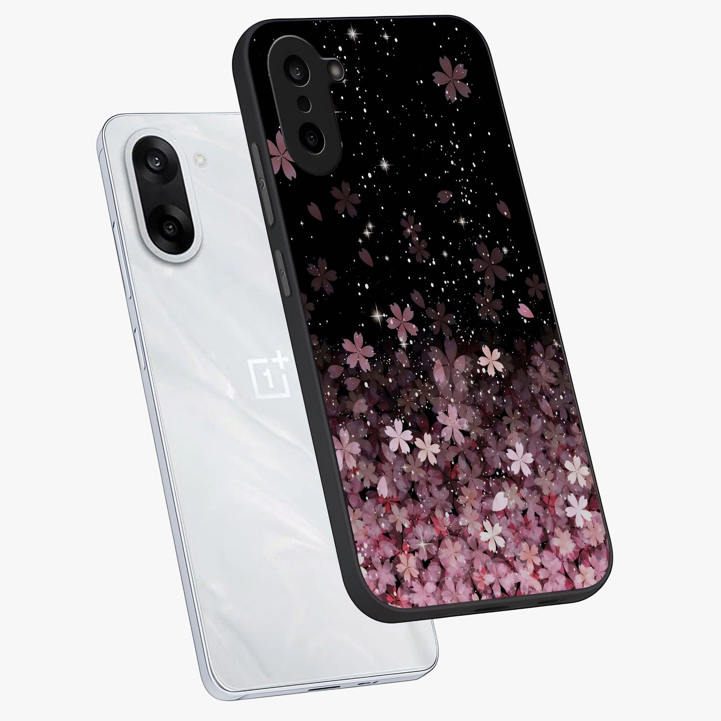 Small Starry Flowers Glass Case for 1+Nord CE 5 angled mockup showcasing glossy finish and soft pastel tones