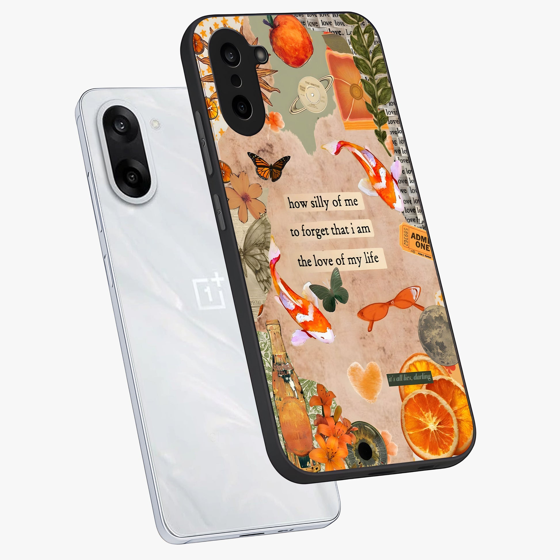 Soft Chaos Aesthetic Glass Case for 1+Nord Ce 5 angled mockup showcasing glossy glass finish and blended gradient detailing