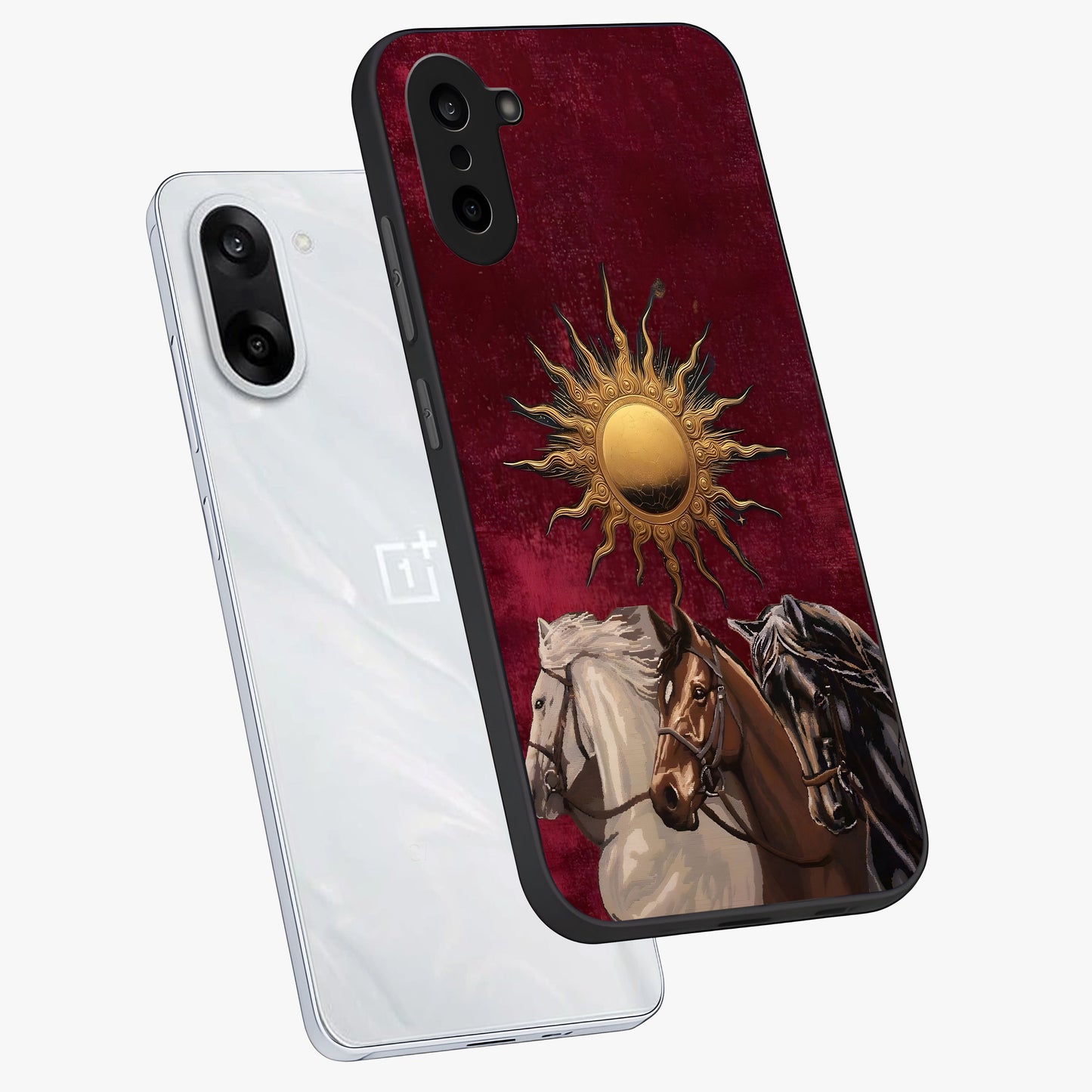 Solar Riders Glass Case for 1+Nord Ce 5 angled mockup showcasing glossy finish and vibrant sunset gradients