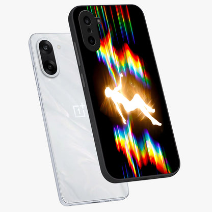 Soul in Spectrum Glass Case for 1+Nord CE 5 angled mockup showcasing glossy finish and vibrant gradient detailing