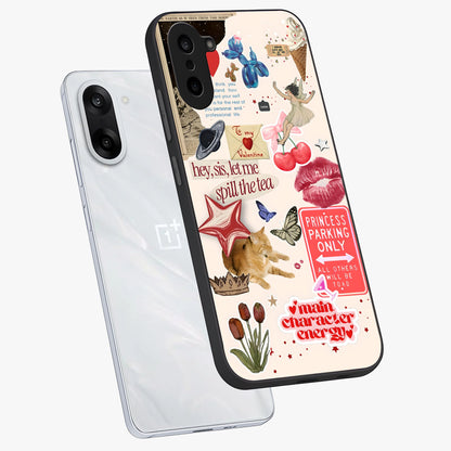 Spill the Tea Retro Collage Glass Case for 1+Nord Ce 5 angled mockup showcasing glossy finish and bold retro detailing