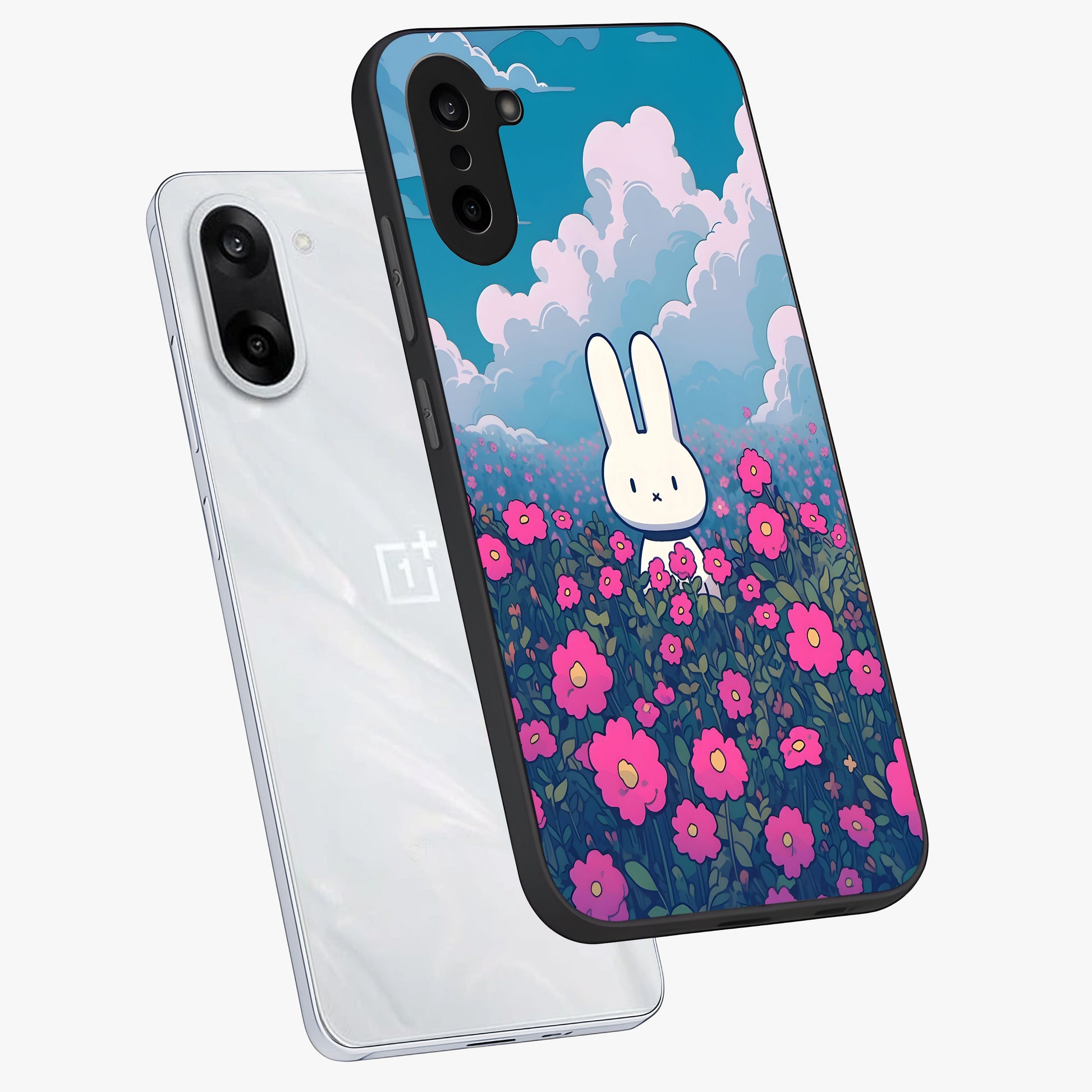 Springtime Blossom Bunny Glass Case for 1+Nord CE 5 angled mockup showcasing glossy finish and soft pastel tones