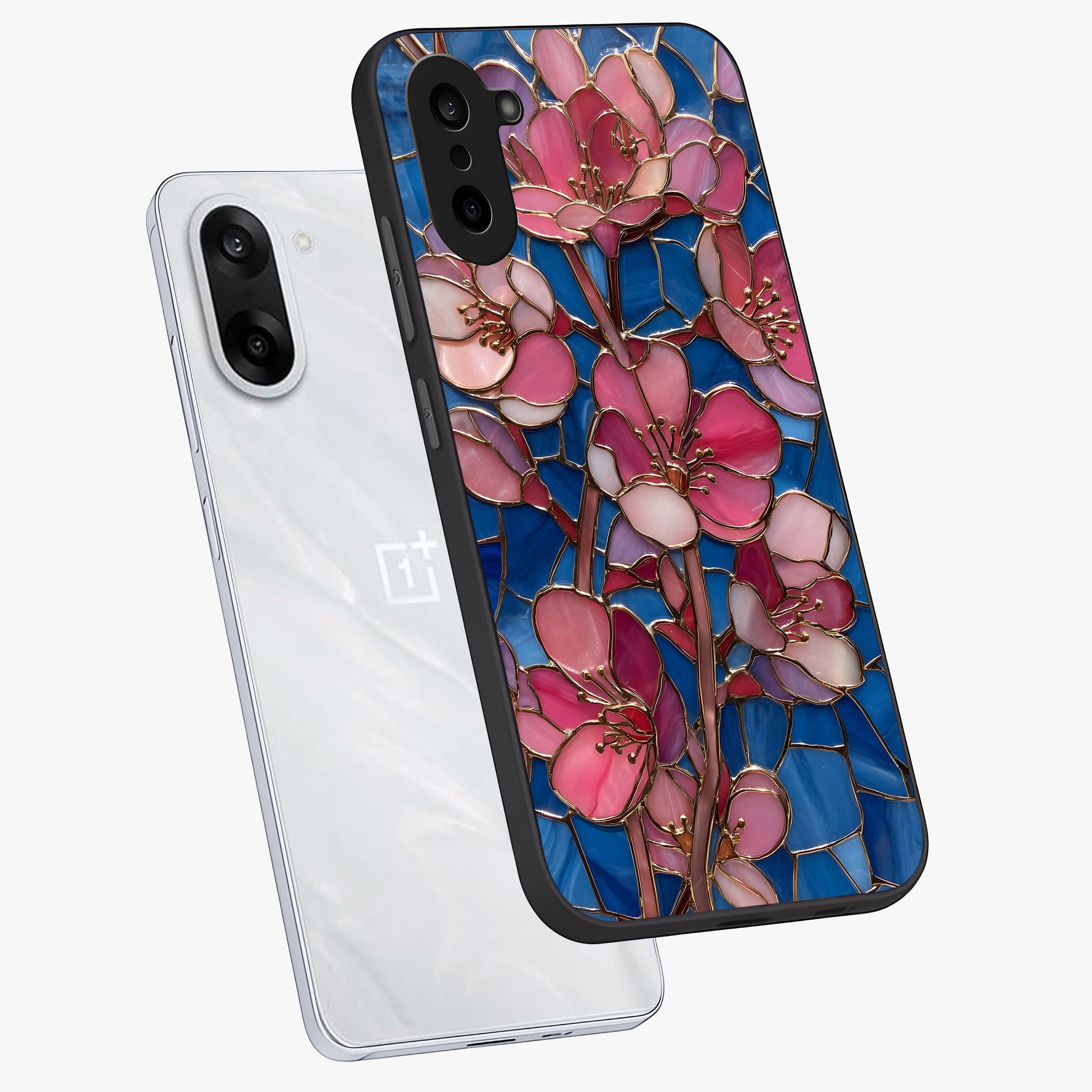 Stained Bloom Grace Glass Case for 1+Nord Ce 5 angled mockup showcasing glossy finish and vibrant mosaic tones