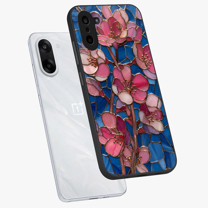 Stained Bloom Grace Glass Case for 1+Nord Ce 5 angled mockup showcasing glossy finish and vibrant mosaic tones