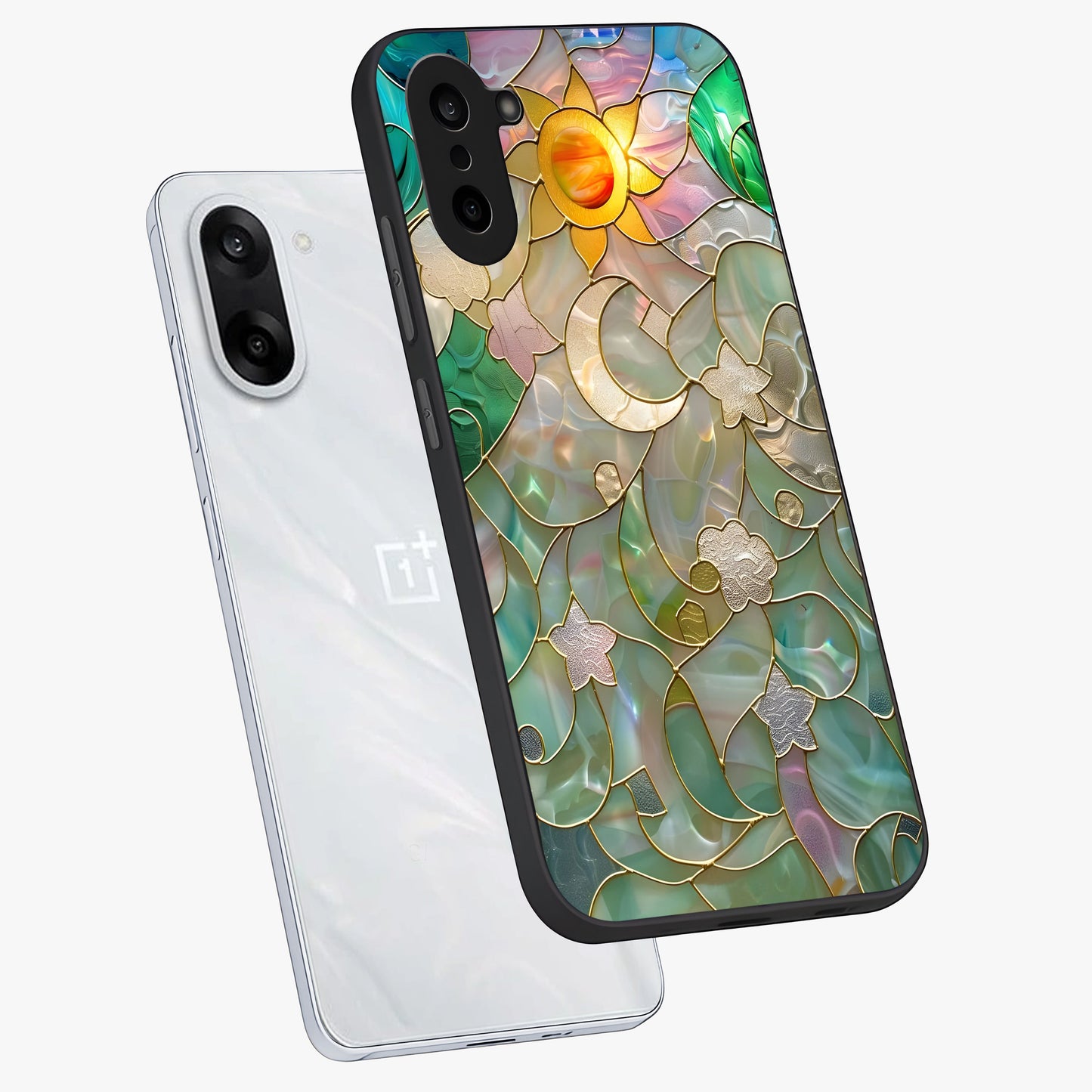 Stained Sunrise Glow Glass Case for 1+Nord CE 5 angled mockup showcasing glossy finish and warm golden gradients