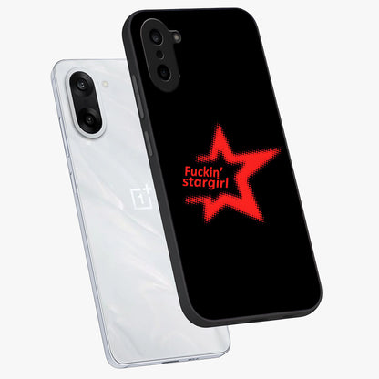 Starboy and Stargirl Energy Glass Case for 1+Nord Ce 5 angled mockup showcasing glossy finish and vibrant cosmic tones