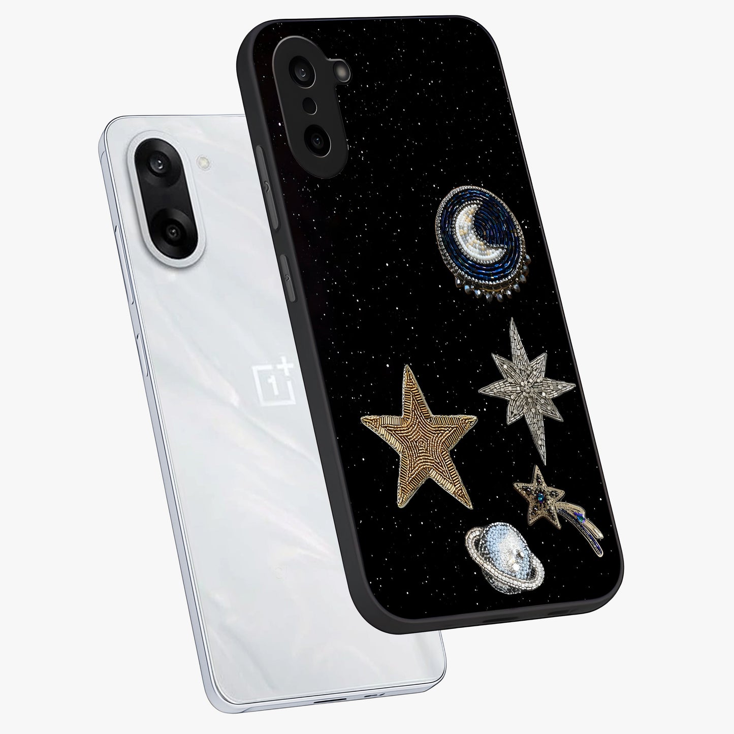Starlit Cosmic Dreams Glass Case for 1+Nord Ce 5 angled mockup showcasing glossy finish and deep space gradients