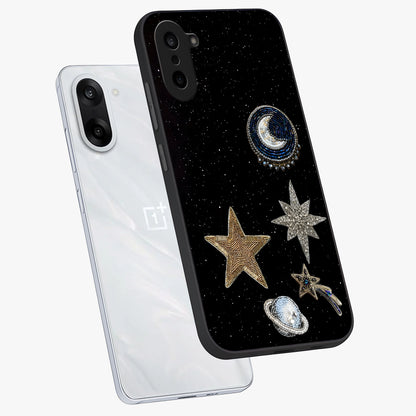 Starlit Cosmic Dreams Glass Case for 1+Nord Ce 5 angled mockup showcasing glossy finish and deep space gradients