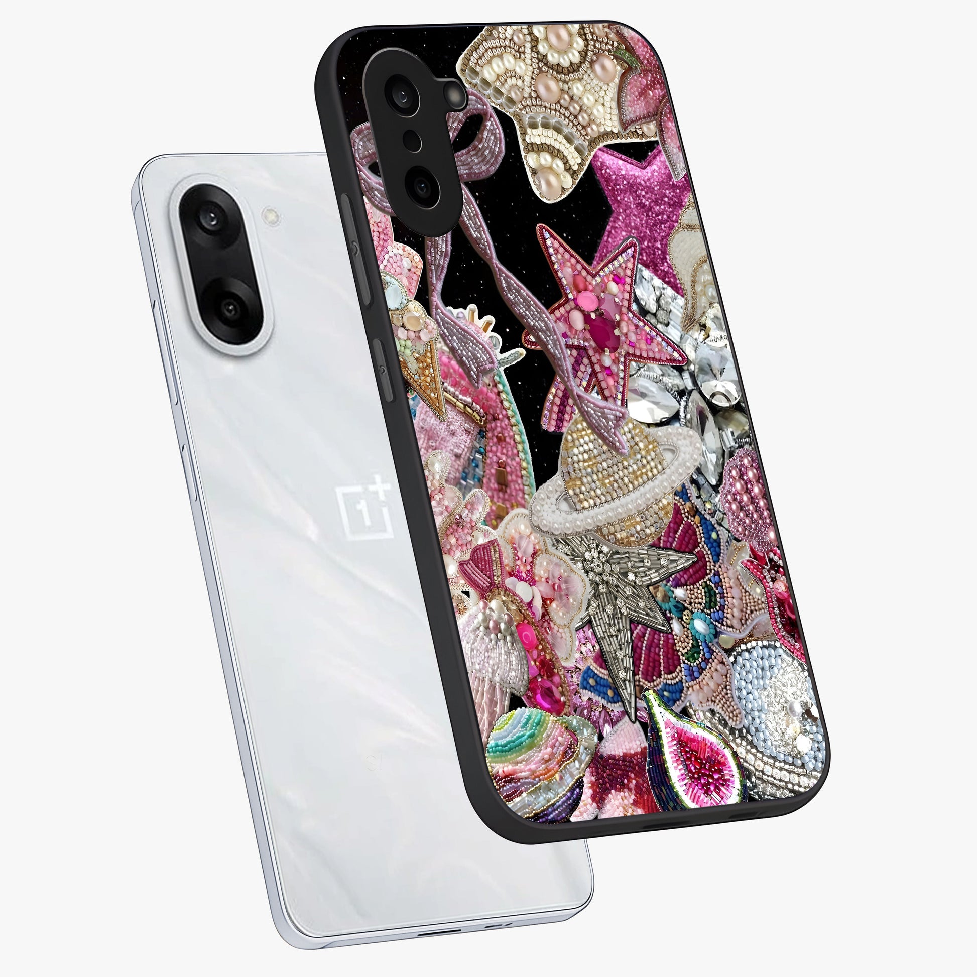 Starlit Jewel Dream Glass Case for 1+Nord CE 5 angled mockup showcasing glossy finish and radiant detailing
