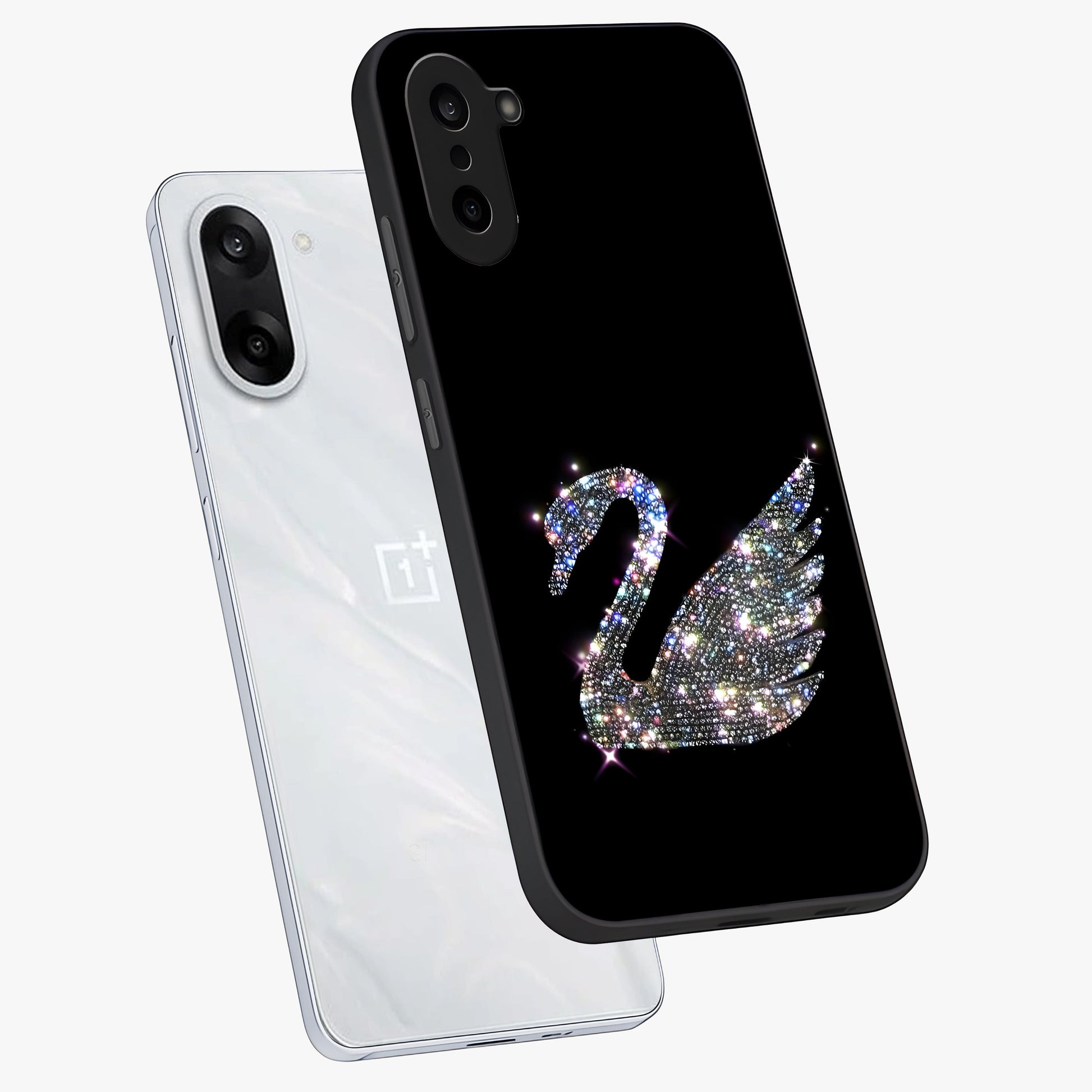 Starlit Swan Grace Glass Case for 1+Nord CE 5 angled mockup showcasing glossy finish and serene celestial tones