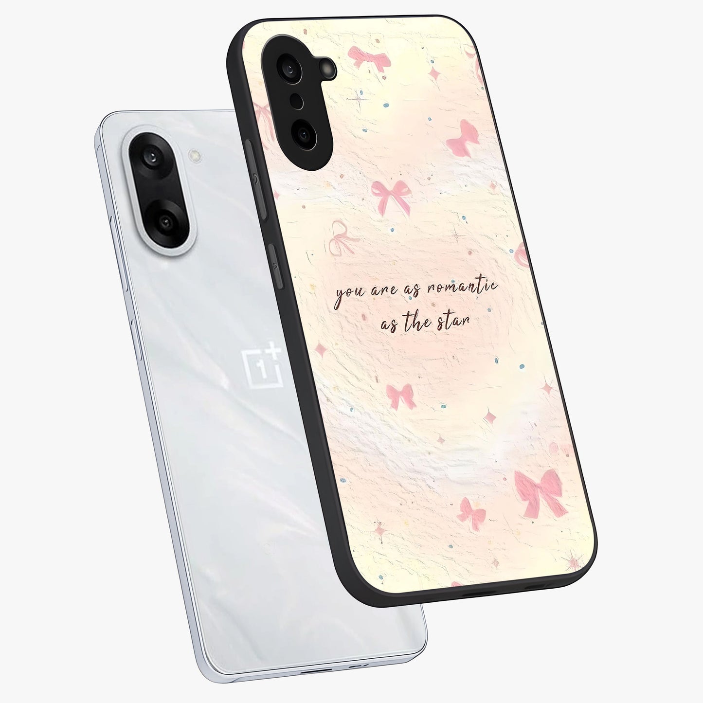 Starry Bow Romance Glass Case for 1+Nord Ce 5 angled mockup showcasing glossy finish and soft dreamy tones