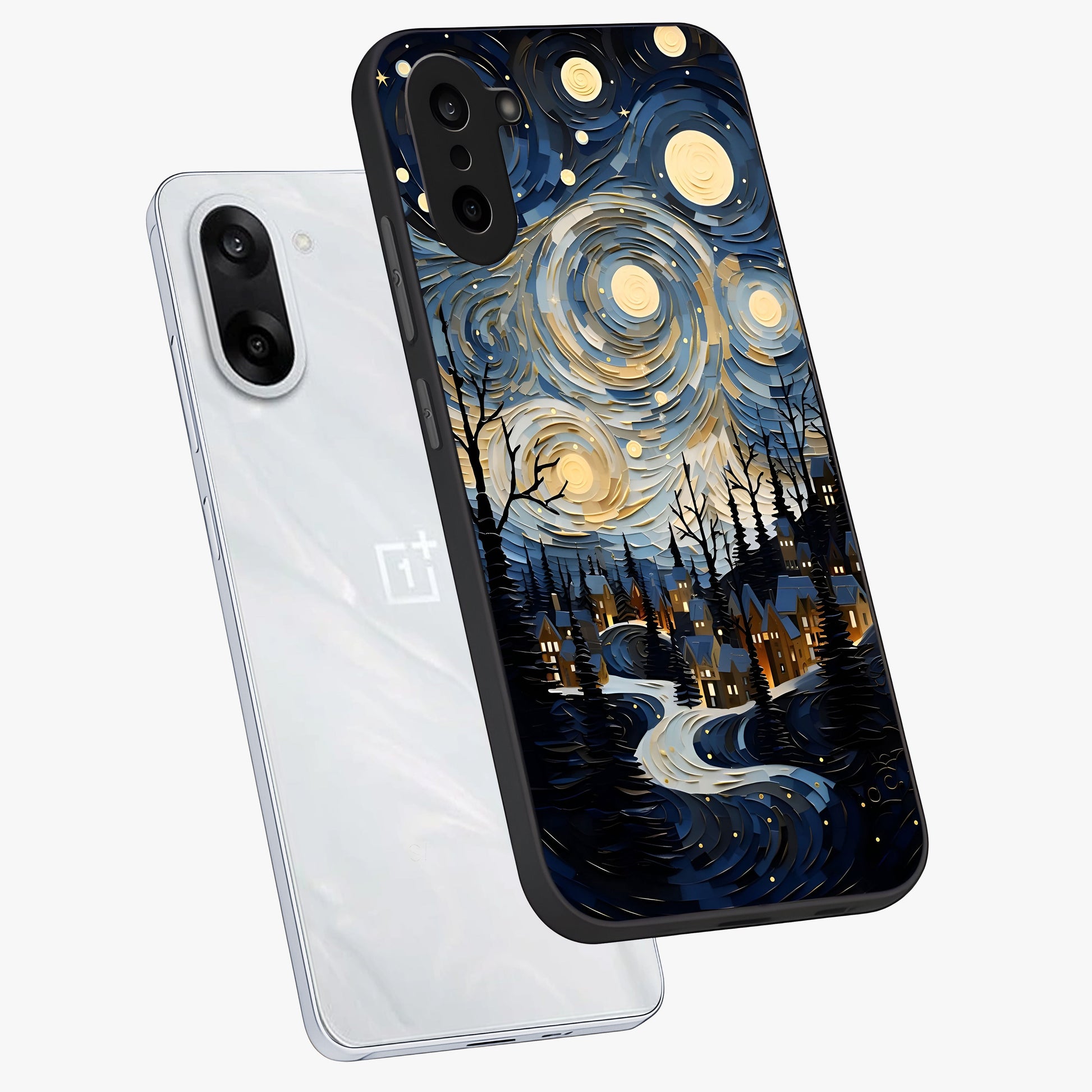 Starry Winter Town Glass Case for 1+Nord CE 5 angled mockup showcasing glossy finish and cool winter tones