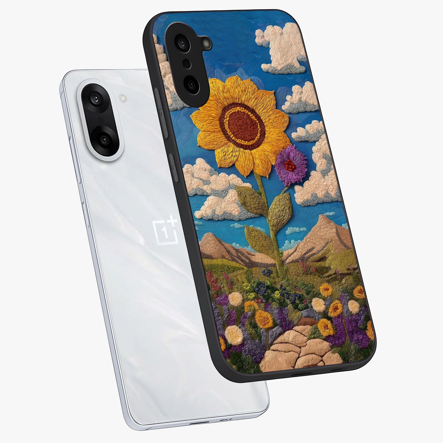 Sun Kissed Valley Glass Case for 1+Nord CE 5 angled mockup showcasing glossy finish and warm sunset gradients