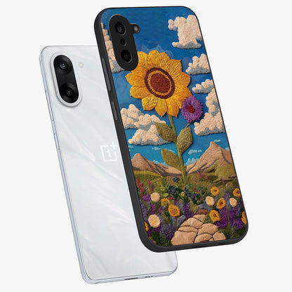 Sun Kissed Valley Glass Case for 1+Nord CE 5 angled mockup showcasing glossy finish and warm sunset gradients